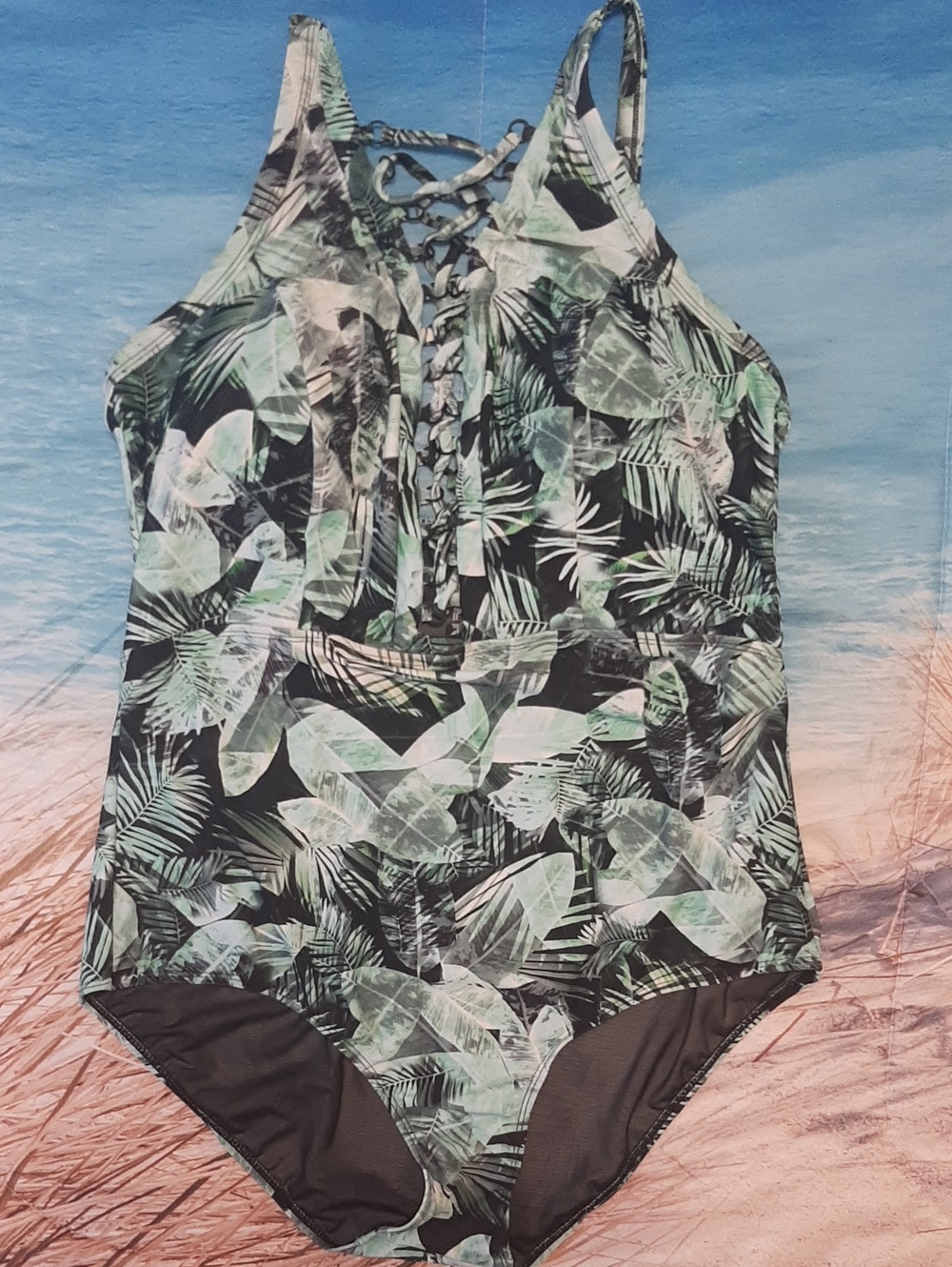 torrid Size 2 Or 18 - 20 Green Mint Leaf Print Lace-Up One-Piece Swimsuit Beach